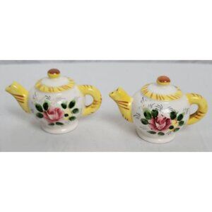 Vintage Ceramic Salt & Pepper Shakers Teapot with Floral Painting and Stripes